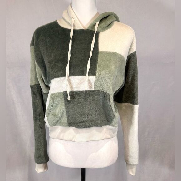 Abercrombie Social Scene 70s vibe green fleece patchwork cropped hoodie small - Picture 1 of 5